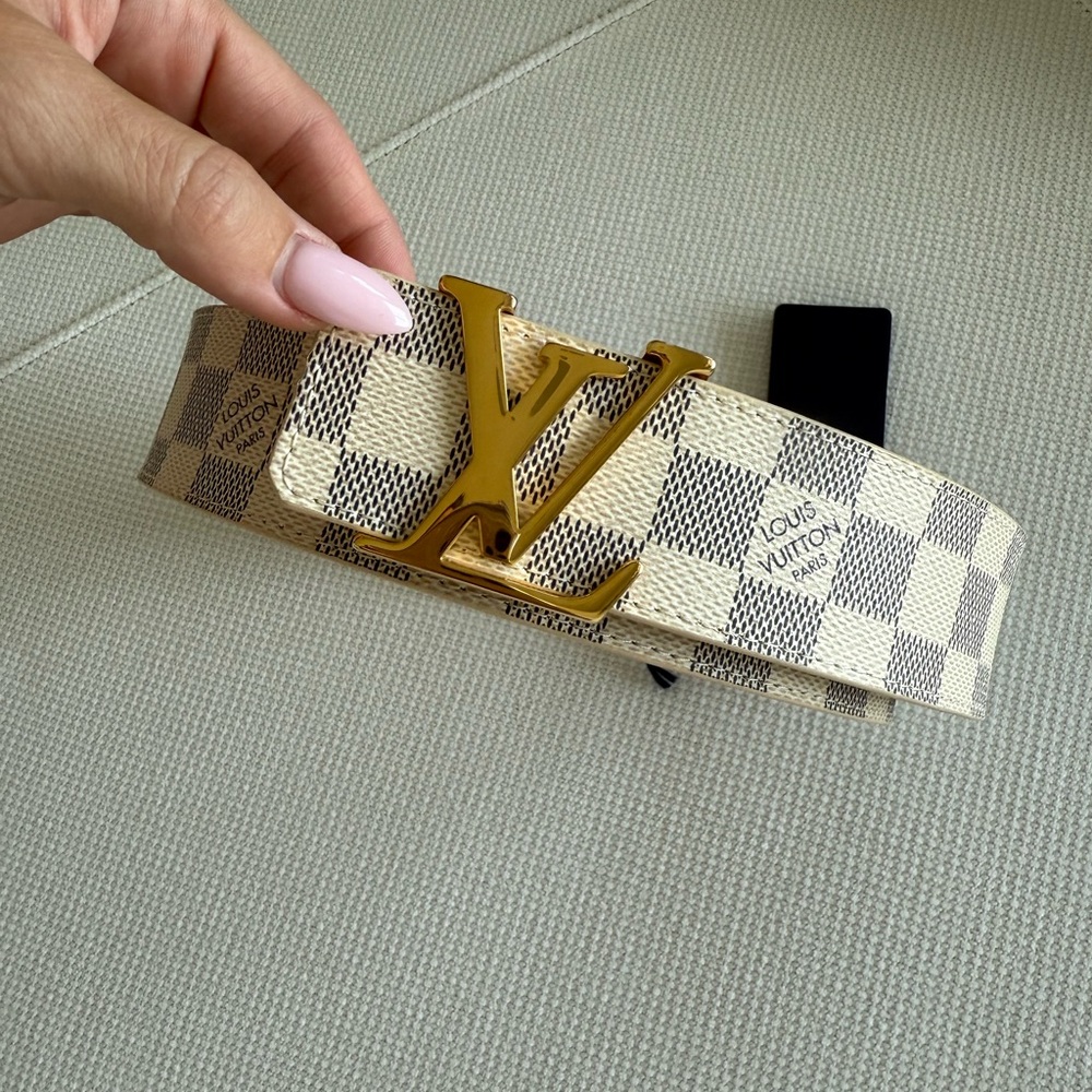 Louis Vuitton Cream and Gray Belt with Iconic LV Hardware